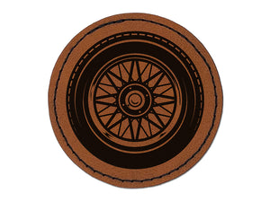 Detailed Realistic Tire Wheel Car Vehicle Round Iron-On Engraved Faux Leather Patch Applique - 2.5"