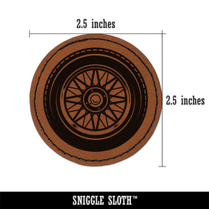 Detailed Realistic Tire Wheel Car Vehicle Round Iron-On Engraved Faux Leather Patch Applique - 2.5"