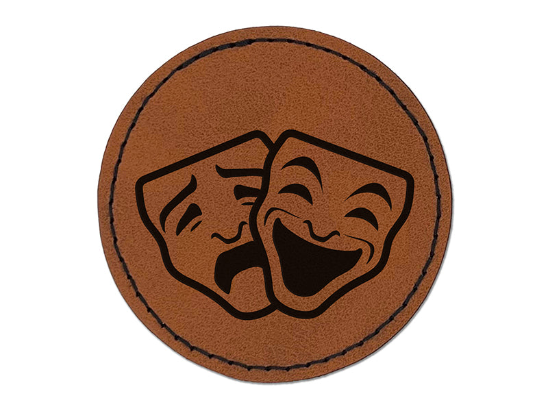 Drama Tragedy Comedy Masks Theater Round Iron-On Engraved Faux Leather Patch Applique - 2.5"