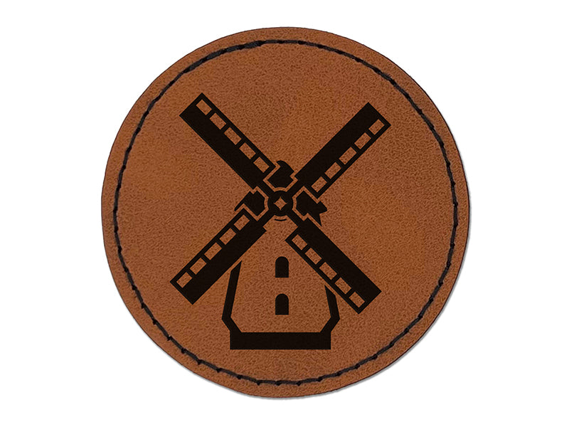 Dutch Windmill Round Iron-On Engraved Faux Leather Patch Applique - 2.5"