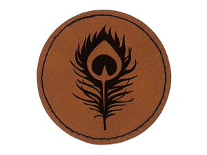 Elegant Peacock Feather Round Iron-On Engraved Faux Leather Patch Applique - 2.5"