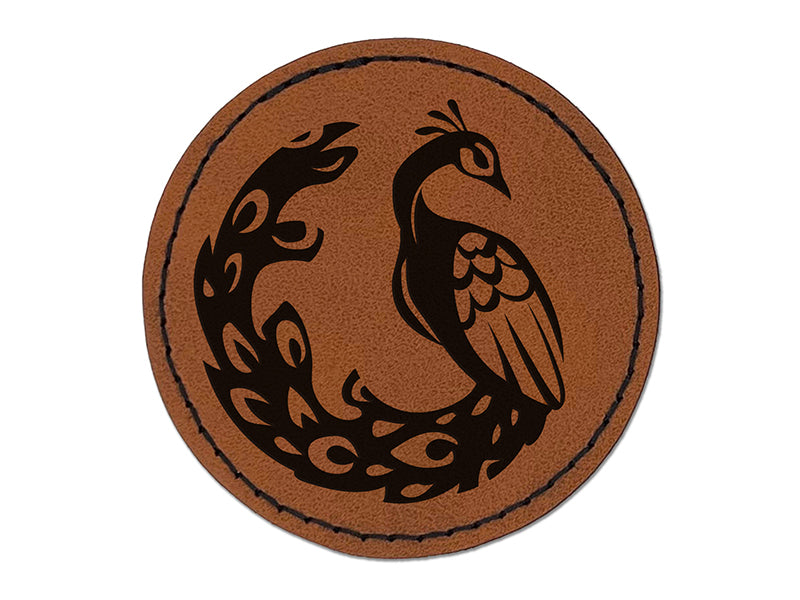 Elegant Sitting Peacock Round Iron-On Engraved Faux Leather Patch Applique - 2.5"