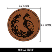 Elegant Sitting Peacock Round Iron-On Engraved Faux Leather Patch Applique - 2.5"