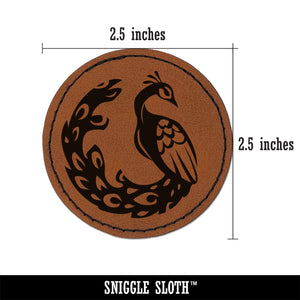 Elegant Sitting Peacock Round Iron-On Engraved Faux Leather Patch Applique - 2.5"