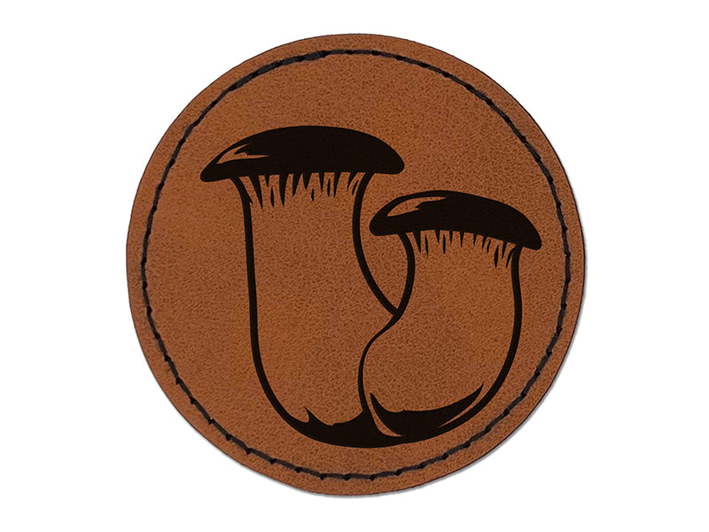 Eryngii King Oyster Trumpet Mushroom Fungus Round Iron-On Engraved Faux Leather Patch Applique - 2.5"