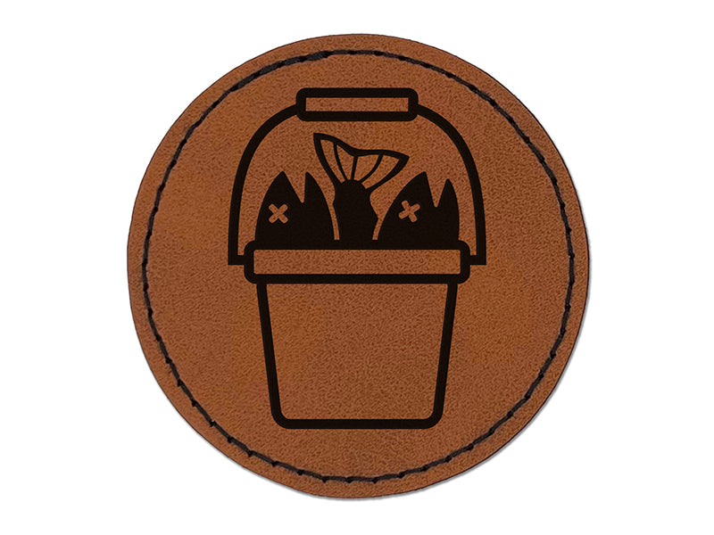 Fishing Bucket Full of Fish Fisherman Angler Round Iron-On Engraved Faux Leather Patch Applique - 2.5"