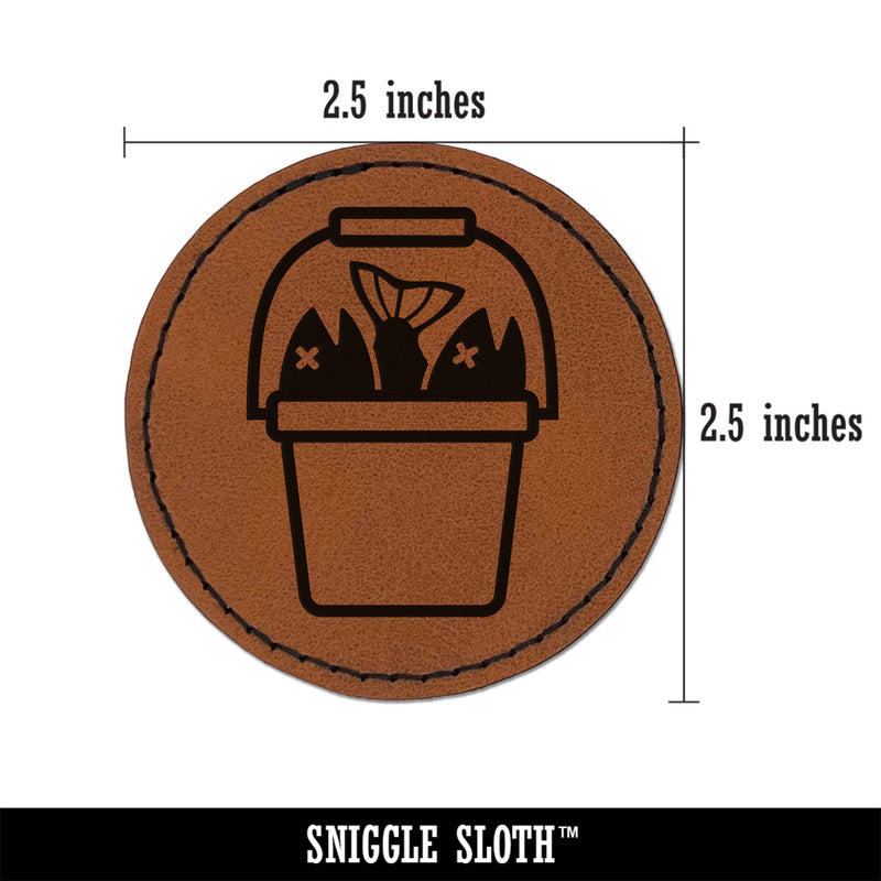 Fishing Bucket Full of Fish Fisherman Angler Round Iron-On Engraved Faux Leather Patch Applique - 2.5"