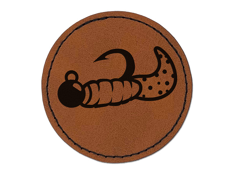 Fishing Jig Rubber Grub Lure Bait Angler Round Iron-On Engraved Faux Leather Patch Applique - 2.5"