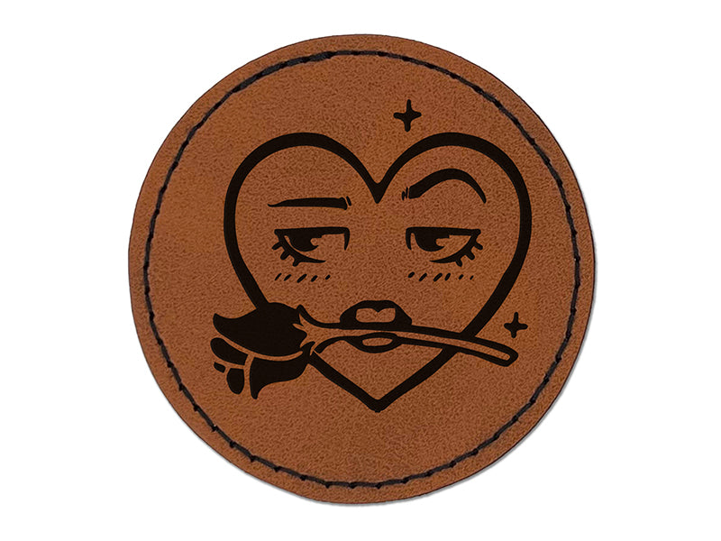 Flirty Heart Face with Rose in Teeth Mouth Round Iron-On Engraved Faux Leather Patch Applique - 2.5"