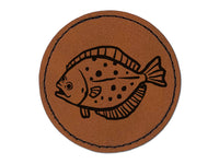 Flounder Halibut Flat Spotted Fish Round Iron-On Engraved Faux Leather Patch Applique - 2.5"