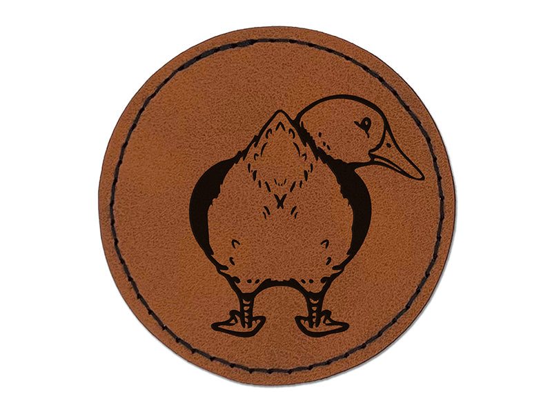 Fluffy Duck Butt Looking Behind Round Iron-On Engraved Faux Leather Patch Applique - 2.5"