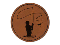 Fly Fishing Fisherman Casting Line Angler Round Iron-On Engraved Faux Leather Patch Applique - 2.5"