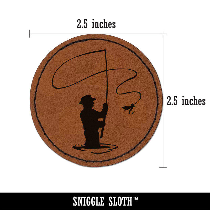 Fly Fishing Fisherman Casting Line Angler Round Iron-On Engraved Faux Leather Patch Applique - 2.5"