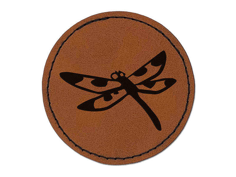 Flying Dragonfly with Spotted Wings Insect Darter Round Iron-On Engraved Faux Leather Patch Applique - 2.5"