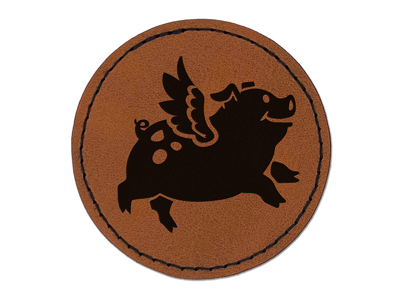 Flying Pig with Wings Round Iron-On Engraved Faux Leather Patch Applique - 2.5"