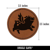 Flying Pig with Wings Round Iron-On Engraved Faux Leather Patch Applique - 2.5"