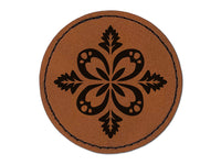 Forest Flower Petal and Leaf Design Round Iron-On Engraved Faux Leather Patch Applique - 2.5"