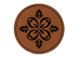 Forest Flower Petal and Leaf Design Round Iron-On Engraved Faux Leather Patch Applique - 2.5"