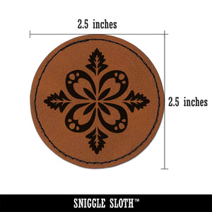 Forest Flower Petal and Leaf Design Round Iron-On Engraved Faux Leather Patch Applique - 2.5"