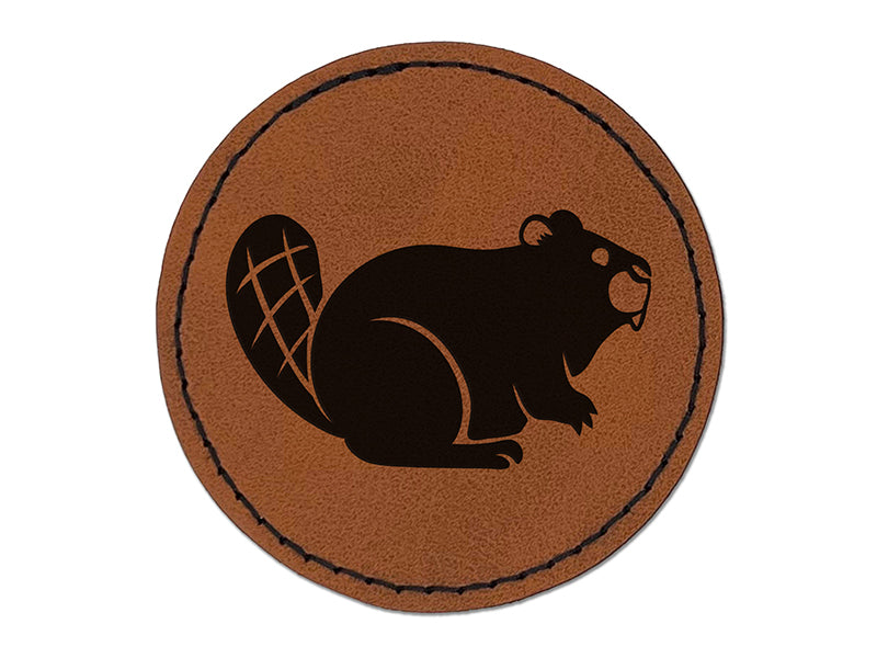 Friendly Beaver Buddy Round Iron-On Engraved Faux Leather Patch Applique - 2.5"