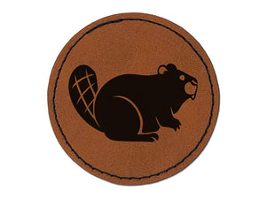 Friendly Beaver Buddy Round Iron-On Engraved Faux Leather Patch Applique - 2.5"