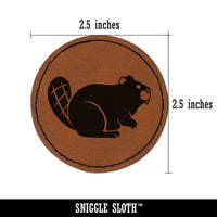 Friendly Beaver Buddy Round Iron-On Engraved Faux Leather Patch Applique - 2.5"