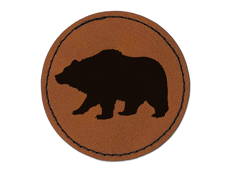 Fuzzy Grizzly Bear Silhouette Round Iron-On Engraved Faux Leather Patch Applique - 2.5"