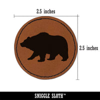 Fuzzy Grizzly Bear Silhouette Round Iron-On Engraved Faux Leather Patch Applique - 2.5"