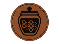 Honey Jar with Honeycomb Round Iron-On Engraved Faux Leather Patch Applique - 2.5"