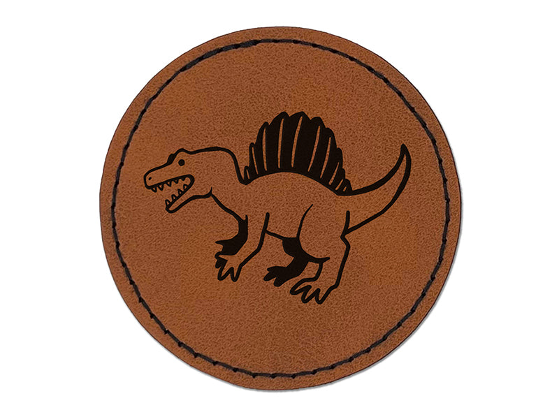 Hungry Spinosaurus Dinosaur with Sail Spines Round Iron-On Engraved Faux Leather Patch Applique - 2.5"