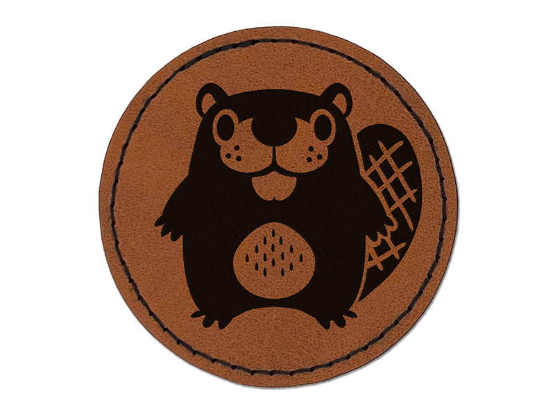 Kawaii Cute Beaver Buddy Round Iron-On Engraved Faux Leather Patch Applique - 2.5"