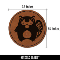 Kawaii Cute Beaver Buddy Round Iron-On Engraved Faux Leather Patch Applique - 2.5"