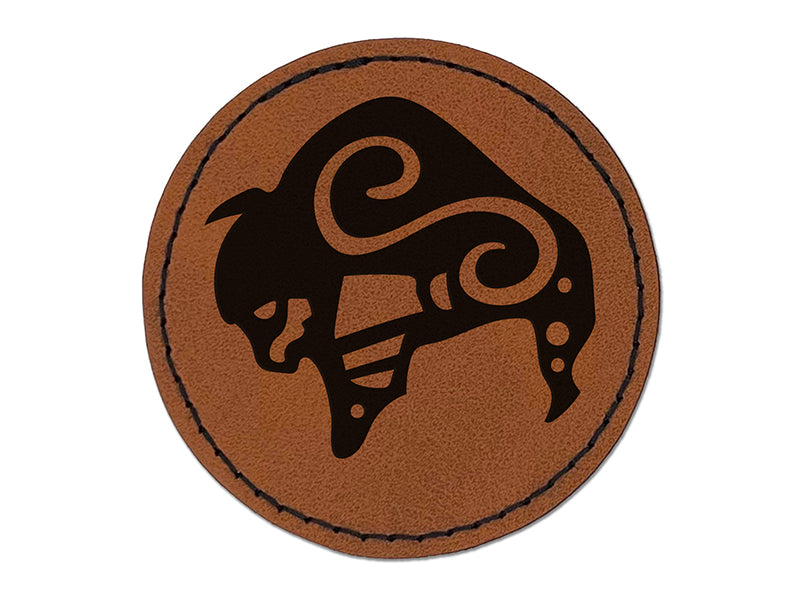 Southwest Native American Bison Buffalo Spirit Animal Round Iron-On Engraved Faux Leather Patch Applique - 2.5"