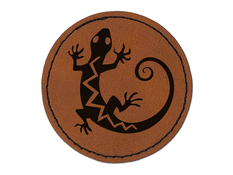 Southwest Native American Lizard Reptile Spirit Animal Round Iron-On Engraved Faux Leather Patch Applique - 2.5"