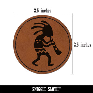 Kokopelli Southwest Native American Fertility Deity Round Iron-On Engraved Faux Leather Patch Applique - 2.5"