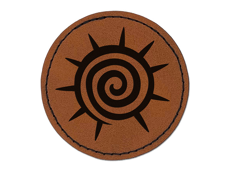 Southwest Native American Swirl Sun Round Iron-On Engraved Faux Leather Patch Applique - 2.5"