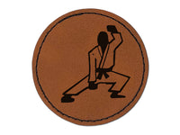 Kung Fu Martial Arts Crouch Stance Karate Gi Round Iron-On Engraved Faux Leather Patch Applique - 2.5"