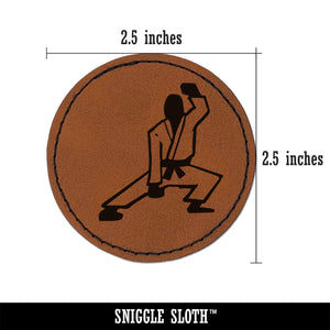 Kung Fu Martial Arts Crouch Stance Karate Gi Round Iron-On Engraved Faux Leather Patch Applique - 2.5"