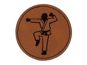 Kung Fu Martial Arts Hang Stance Karate Gi Round Iron-On Engraved Faux Leather Patch Applique - 2.5"