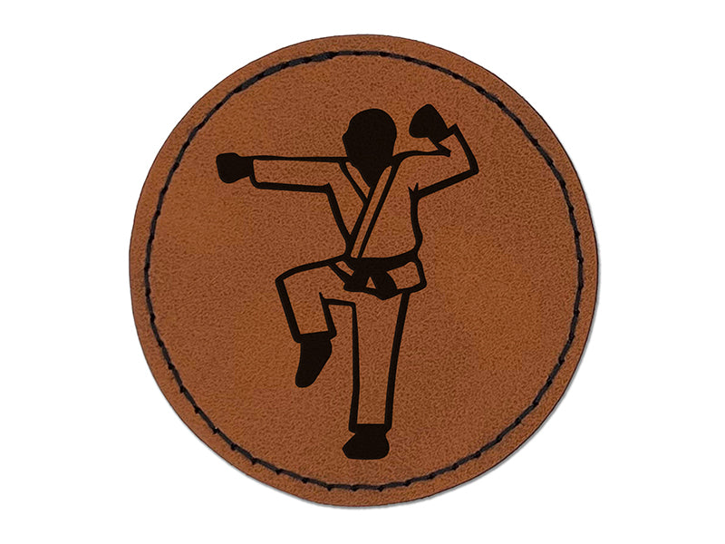 Kung Fu Martial Arts Hang Stance Karate Gi Round Iron-On Engraved Faux Leather Patch Applique - 2.5"