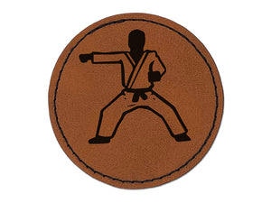 Kung Fu Martial Arts Rider Stance Karate Gi Round Iron-On Engraved Faux Leather Patch Applique - 2.5"