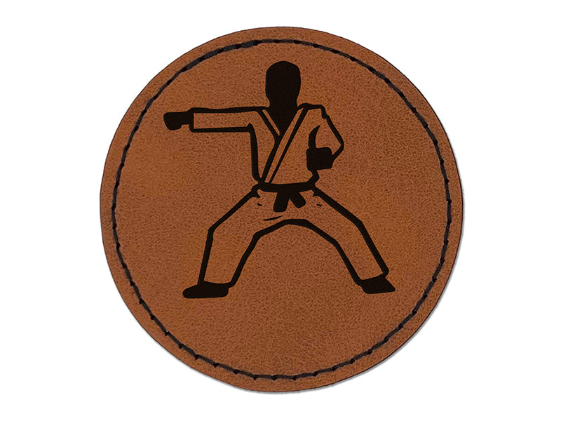 Kung Fu Martial Arts Rider Stance Karate Gi Round Iron-On Engraved Faux Leather Patch Applique - 2.5"