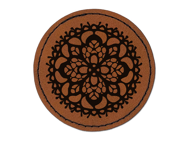 Lace Floral Fabric Flower Round Iron-On Engraved Faux Leather Patch Applique - 2.5"