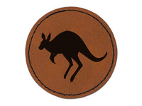 Leaping Red Kangaroo Silhouette Australian Marsupial Round Iron-On Engraved Faux Leather Patch Applique - 2.5"