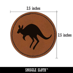 Leaping Red Kangaroo Silhouette Australian Marsupial Round Iron-On Engraved Faux Leather Patch Applique - 2.5"