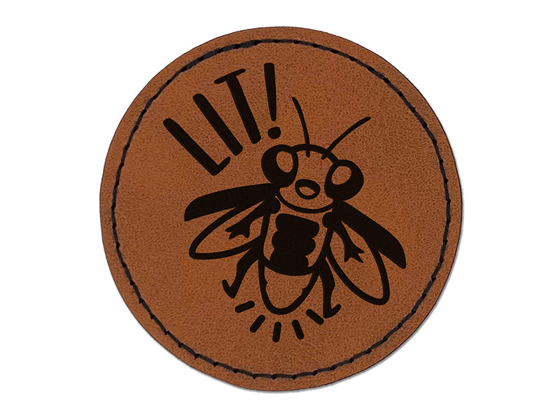 Lit Cute Firefly Insect Round Iron-On Engraved Faux Leather Patch Applique - 2.5"