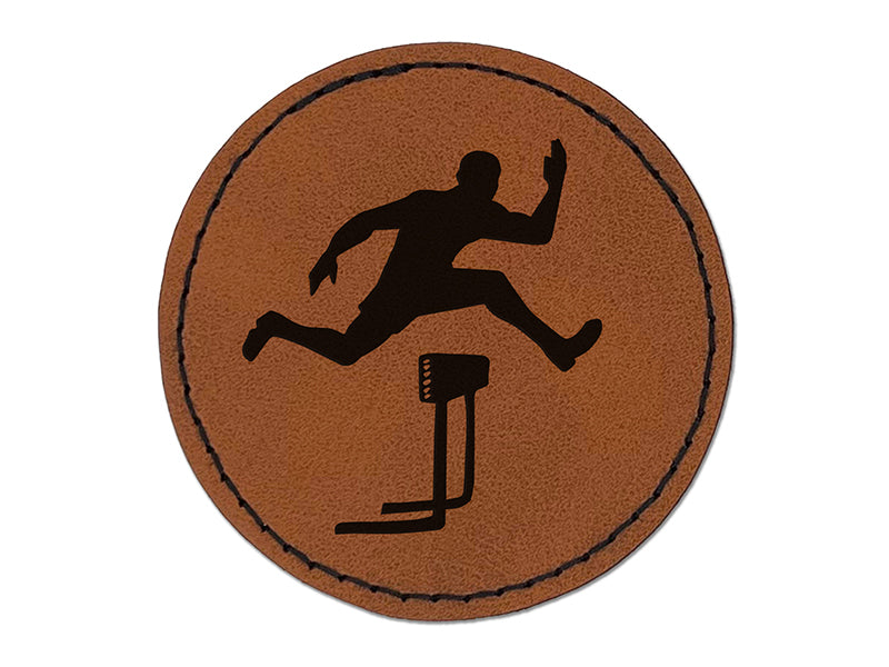 Man Jumping Over Hurdles Fitness Track and Field Round Iron-On Engraved Faux Leather Patch Applique - 2.5"