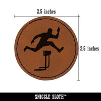 Man Jumping Over Hurdles Fitness Track and Field Round Iron-On Engraved Faux Leather Patch Applique - 2.5"