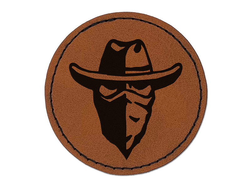 Masked Cowboy Bandit Highwayman with Hat and Bandana Round Iron-On Engraved Faux Leather Patch Applique - 2.5"