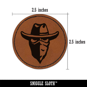 Masked Cowboy Bandit Highwayman with Hat and Bandana Round Iron-On Engraved Faux Leather Patch Applique - 2.5"